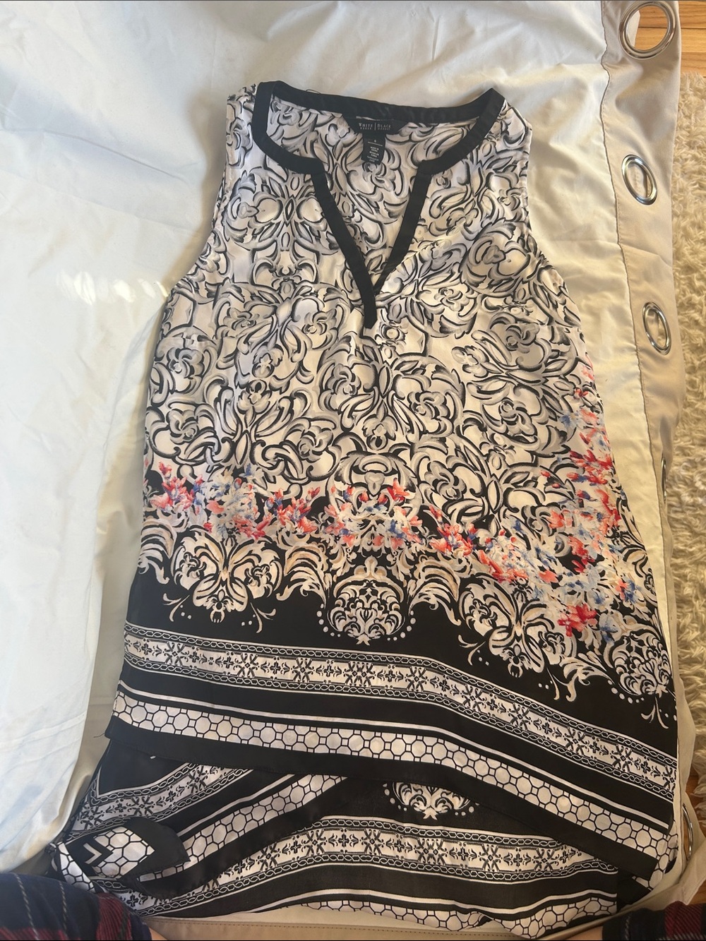 White House Black Market Black and White Floral Satin-Trim Blouse